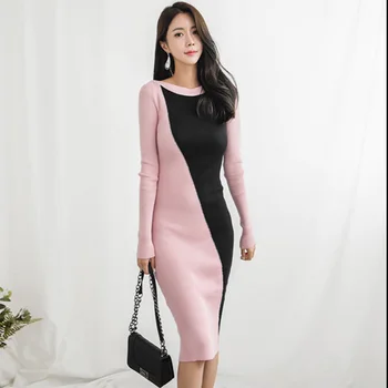 

Wool dress female han edition of autumn new fund into joining elastic knitting bag hip render of cultivate one's morality dress