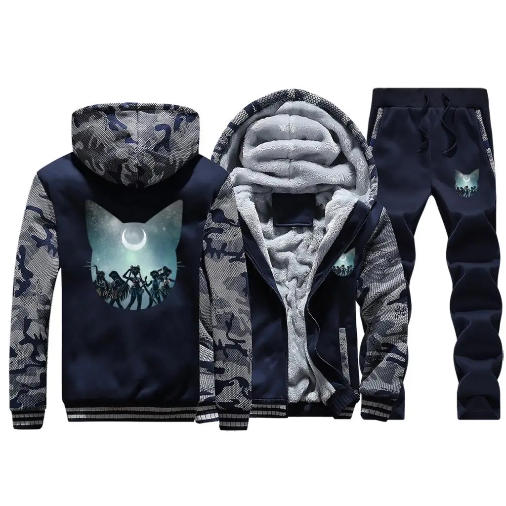Dark Blue Сейлор Мун принт мужские теплые модные костюмы куртка+ брюки 2 шт. наборы одежды флисовый спортивный костюм толстые толстовки зимняя верхняя одежда с капюшоном - Цвет: Dark Blue