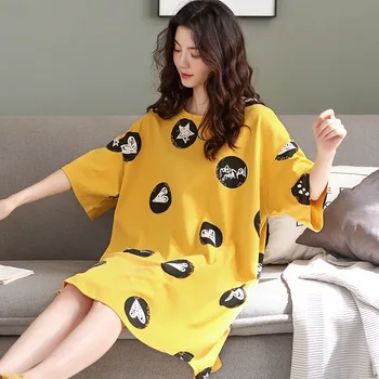 

Cotton Nightgowns Women's Summer Short-sleeved Knee-length Nightdress Cute Loose Style Home Womens Lingerie Nightgown