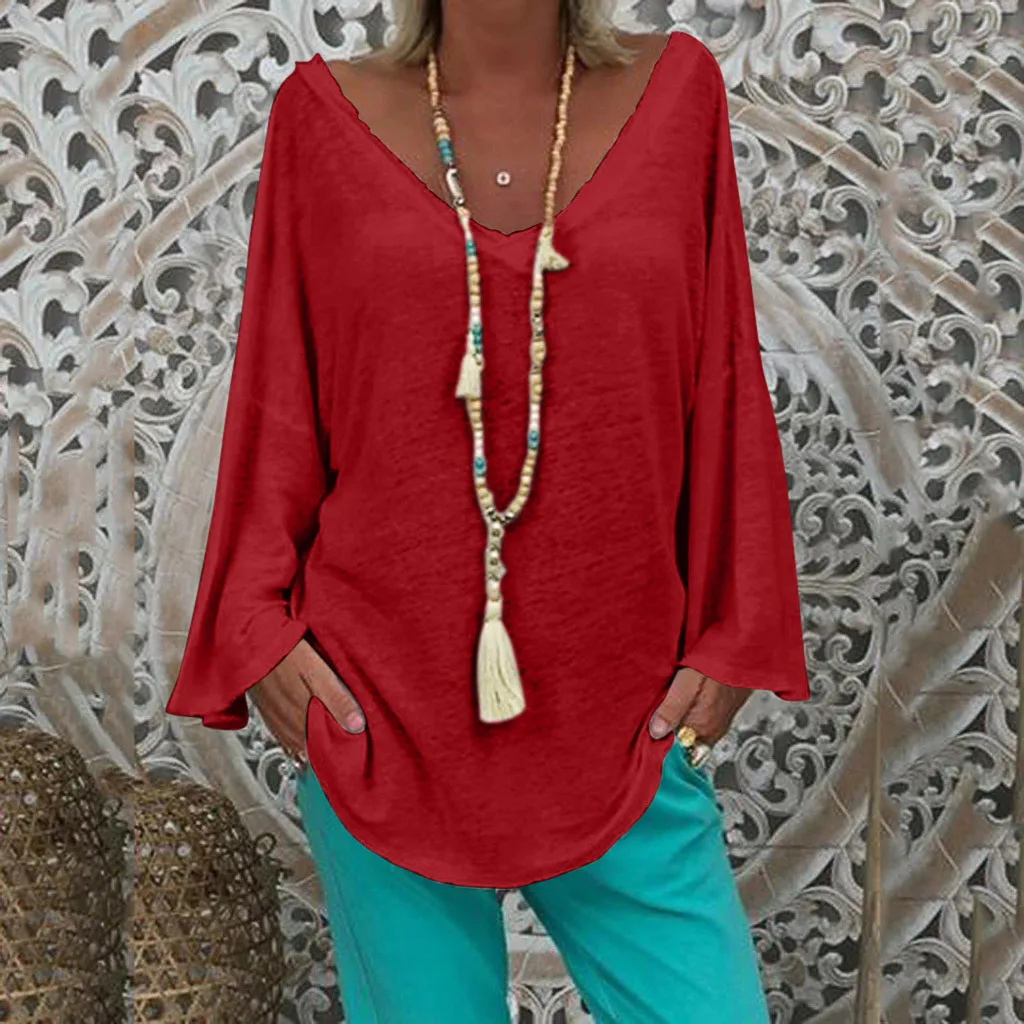 

Women Batwing Sleeve Blouse Loose Solid Long Sleeve Tee Shirt V Neck Back Buttons Top Tees Plus Size #3