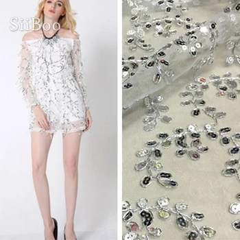 

Designer silver beading floral embroidery mesh lace fabric for wedding party dress lace tissue cloth tela tejido SP4257