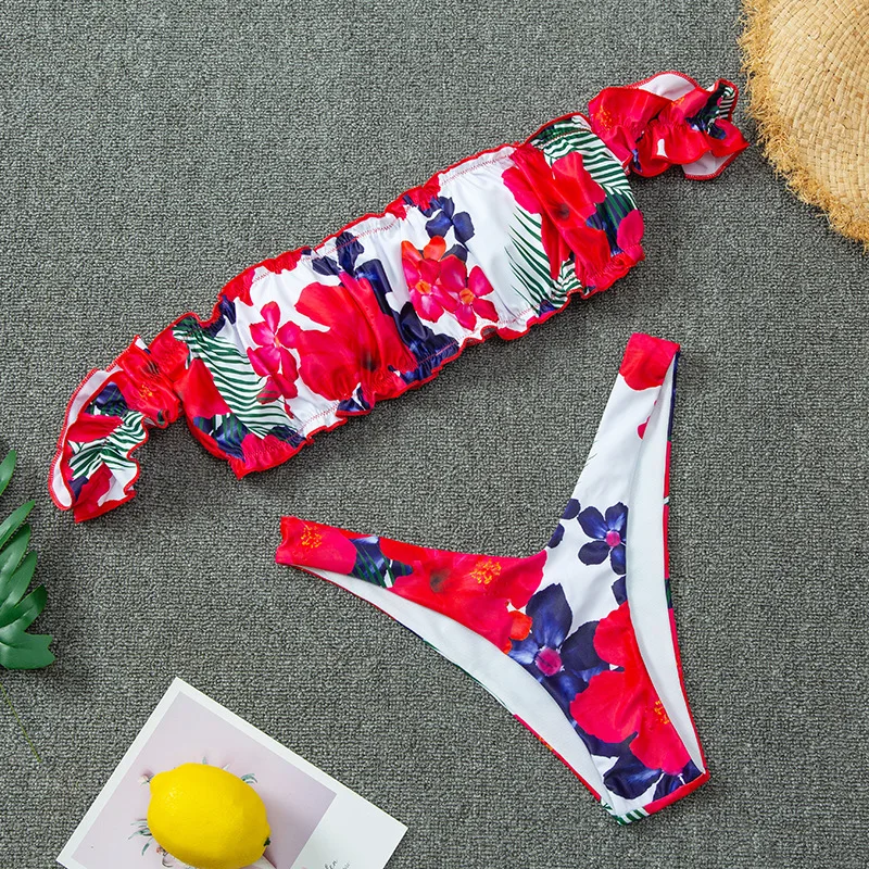 

Sexy Off Shoulder Bikinis Women Swimwear Push Up Bikini Set Floral Print Bandeau Bathing Suit High Cut Ruched Swimsuit Women