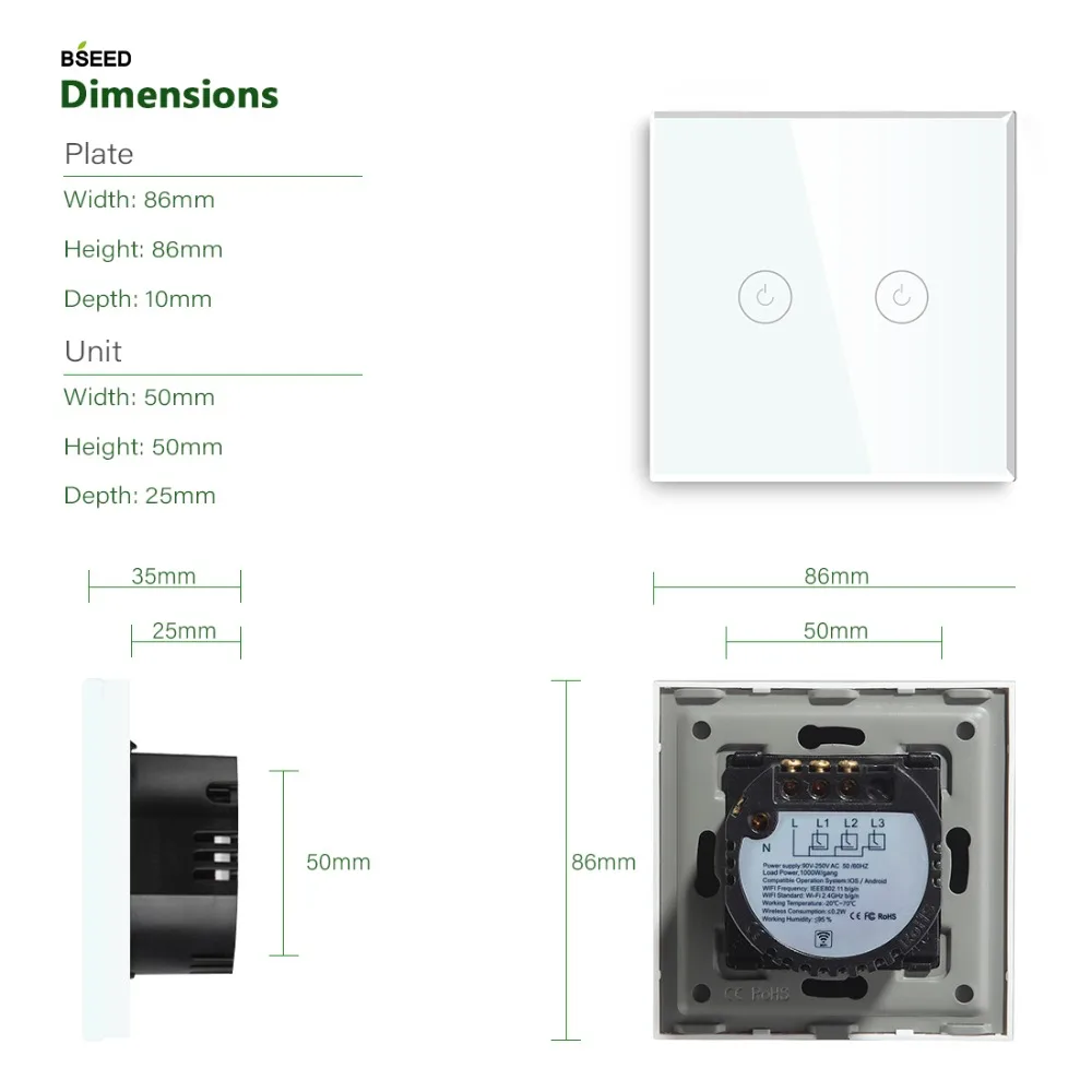 Interruptor de Toque Padrão da ue Cores com Painel Trabalho com Tuya Bseed Wifi Gang Interruptor Sensor Toque Preto Branco Dourado 3 Vidro Inteligente 2 5 padrão da ue interruptor sensor toque preto
