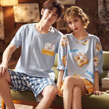 

Pajamas Sets Couples Full Pure Cotton Cartoon Fashion Men Short Sleeve Sleepwear Suit Women Sexy Summer Home Lounge Gift M-3XL