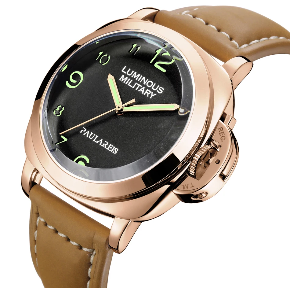 Men Automatic Self Wind Mechanical Genuine Brown Leather Strap Yellow Green Military Luminous 44mm Luxury Rose Gold Watch