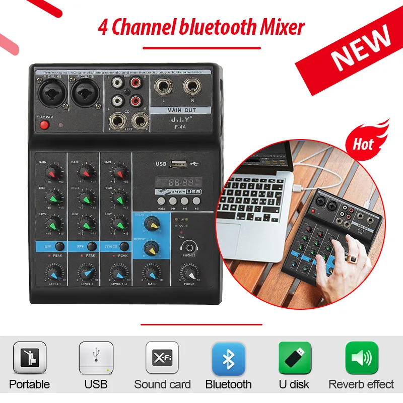 LEORY Professional DJ Mixer 4 Channels bluetooth Sound Mixing Console For Karaoke KTV With USB MP3 Jack Live Audio Mixer