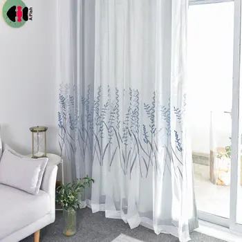 

Blue Leaf Embroidered Sheer Curtain for Living Room Wedding Pastoral Rural Beauty Voile Gray Linen Fabric Summer wp005C