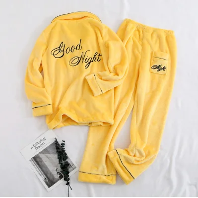 yellow Пижамы для девочек из кораллового флиса для женщин; сезон осень-зима; толстые милые теплые фланелевые домашние пижамы для мужчин; повседневный костюм; милые пижамы для пар - Цвет: yellow