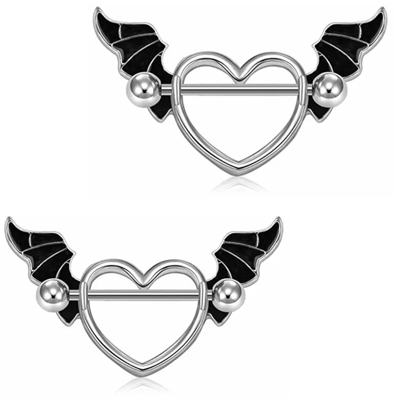 Stainless Steel Heart Nipple Piercing Set 14G Black Angel Wing Nipple Piercing Lot Tongue Barbell Bulk Crystal Nipple Ring Pack