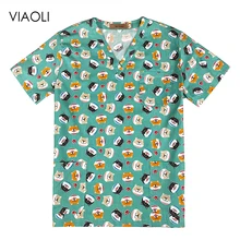 Хлопок, медицинская форма, с принтом, униформа медсестры, Женский скраб-топ, v-образный вырез, рубашка, хирургический доктор, одежда для работы, медицинский Топ