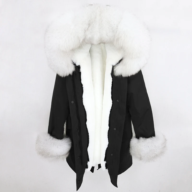 black white OFTBUY, пальто с натуральным мехом, водонепроницаемая парка, зимняя куртка для женщин, натуральный Лисий меховой капюшон, воротник с манжетами, Толстая теплая верхняя одежда, уличная одежда - Цвет: black white