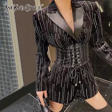 TWOTWINSTYLE Полосатая туника бандажные женские блейзеры Зубчатый воротник длинный рукав Высокая талия Костюмы Женская мода одежда
