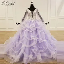 PEORCHID, элегантное,, лавандовое, платье для выпускного вечера, длинный рукав, тюль, оборки, бисер, кружево, вечернее платье для женщин, Robe De Bal fille