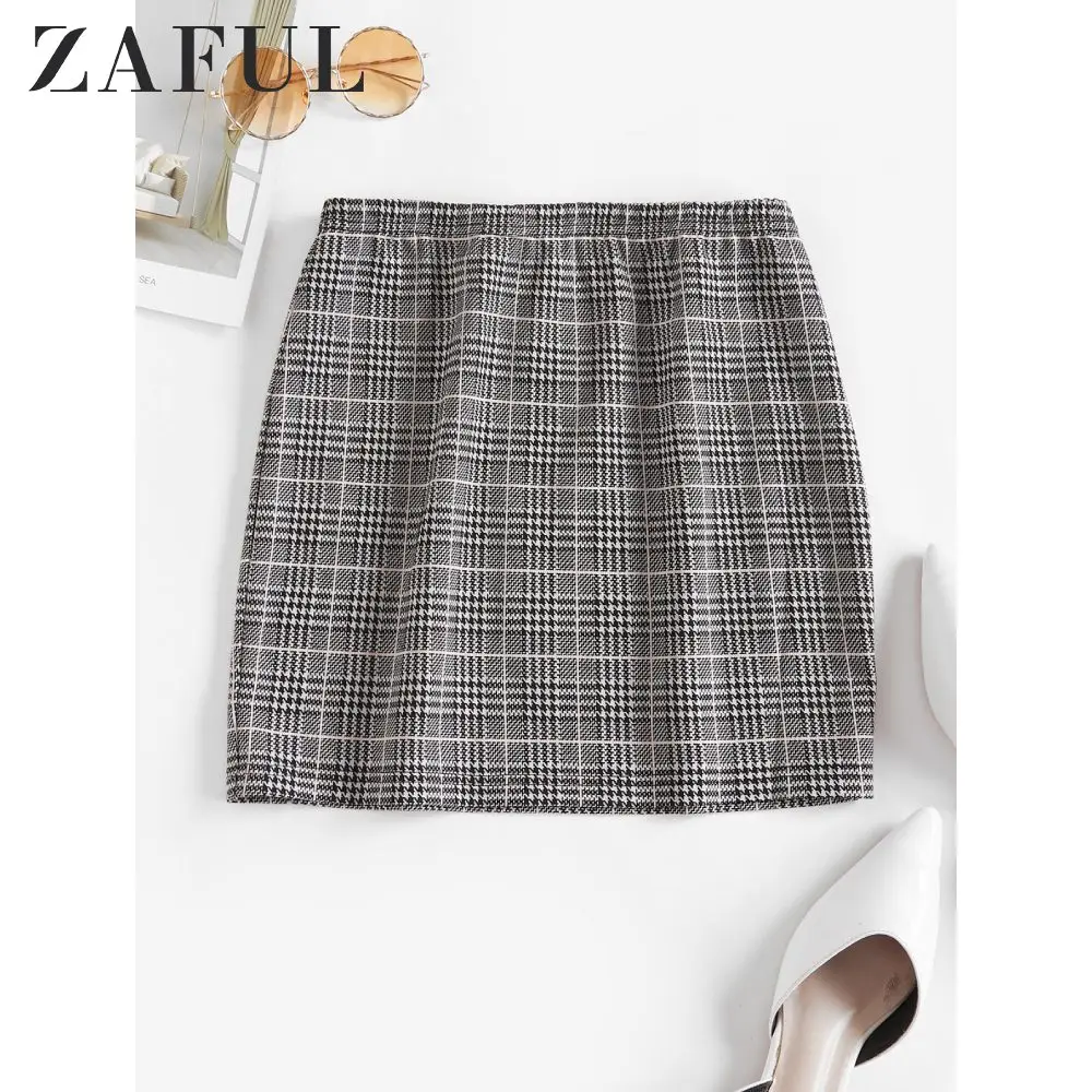 ZAFUL, клетчатая юбка в ломаную клетку для женщин, обтягивающие, с эластичным поясом, мини-юбка, трапециевидная юбка с завышенной талией, Женская винтажная пикантная Ночная одежда