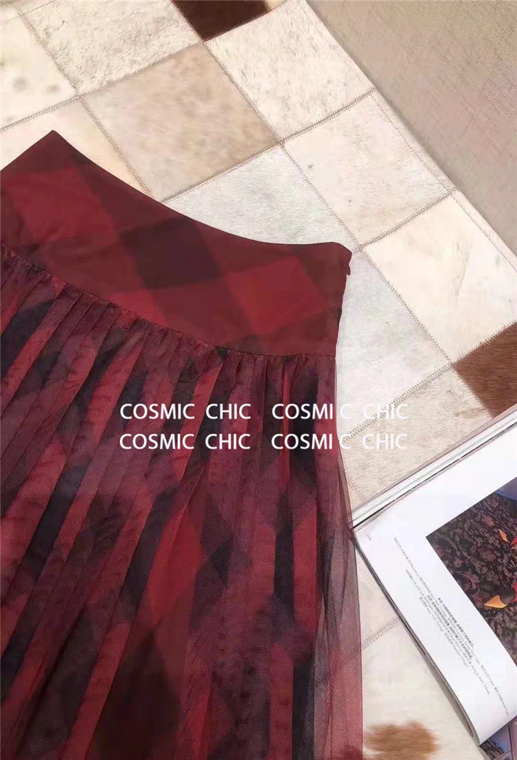 Cosmicchic, Женский Осенний Блейзер, юбка, комплект из 2 предметов, шерстяная куртка с длинными рукавами и поясом, красная клетчатая сетчатая юбка, Плиссированные Юбки-миди, костюм