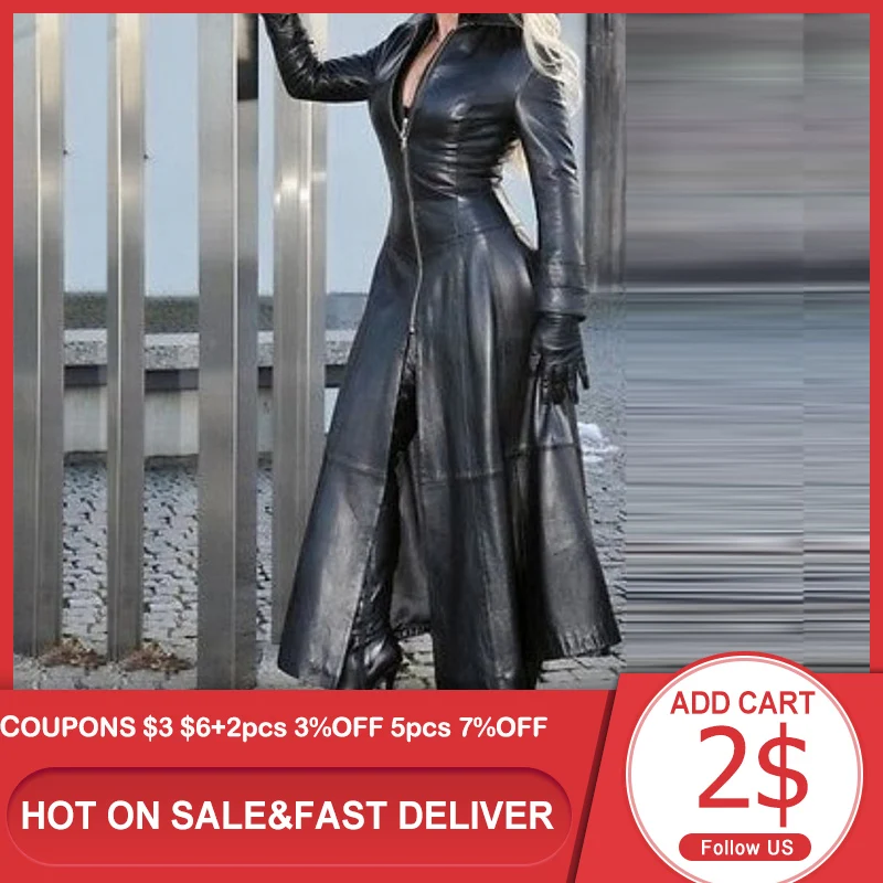 

Gothic Faux PU Leather Coats Plus Size Clubwear Balck Long Sleeves Long Jackets Oversized Trench Streetwear Women Autumn Fashion