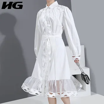 

HG Korean Style Lace Splice Women Dress Fashion Long Sleeve Elegant Bandage Dresses Solid Color Turn Down Collar Wild XJ4408