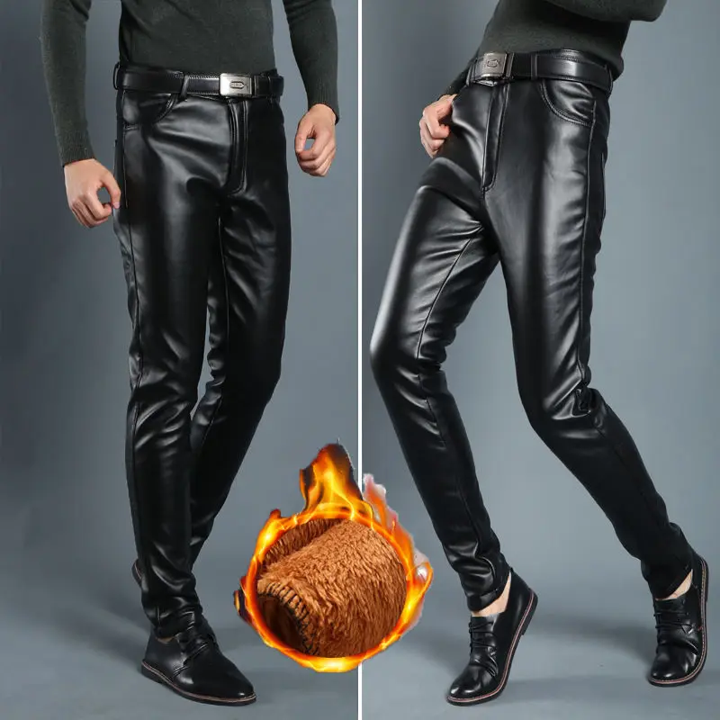 Leather Pants Mens Skinny Pants Elastic Spring Autumn Fall Fleece Thickened Youth Man Leather Motorcycle Pants Male Pencil Pants