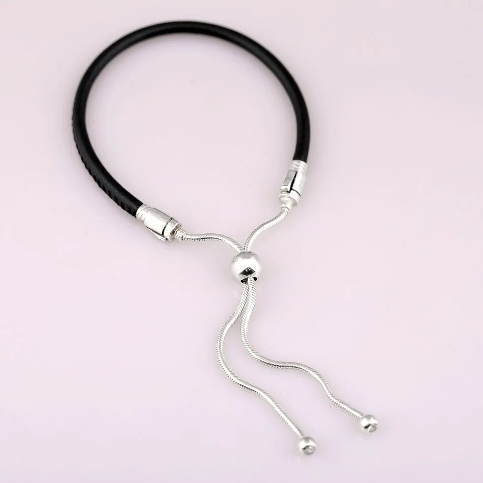 925 пробы серебряный браслет Moments кожа с регулируемой скользящей Пряжка для браслета на запястье Fit бисера Шарм Diy Европа ювелирные изделия