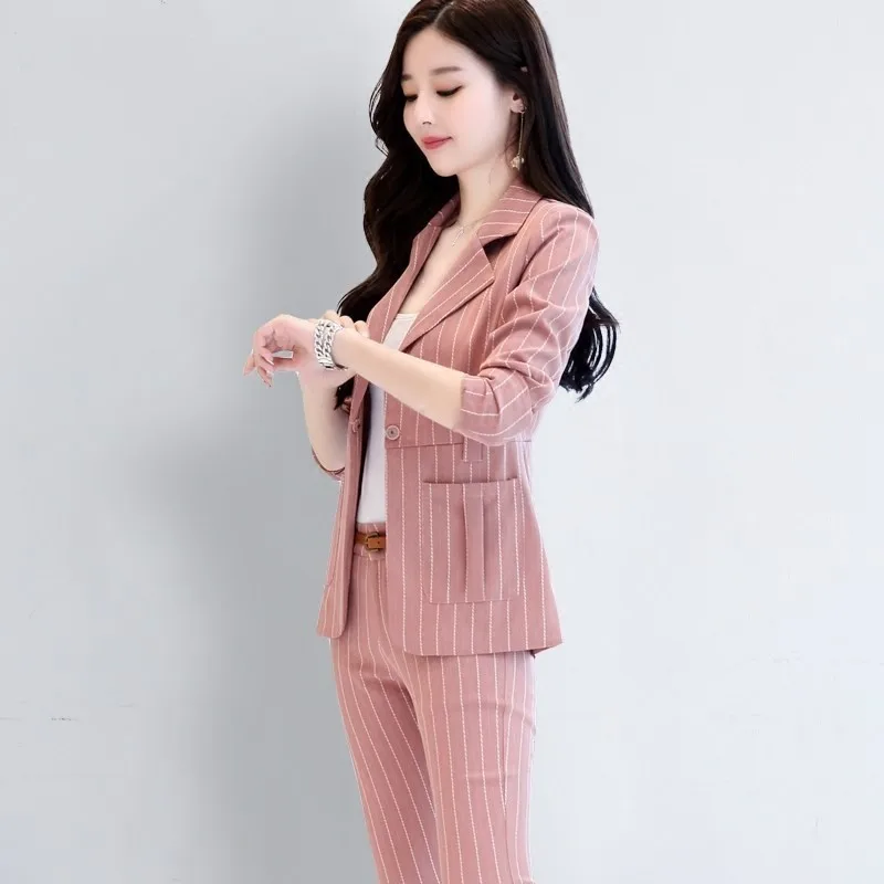 

European Style Womens New Fashion Elegant Striped Lady Blazer Office Slim Pink Jacket Long Pants Two Pieces Suit