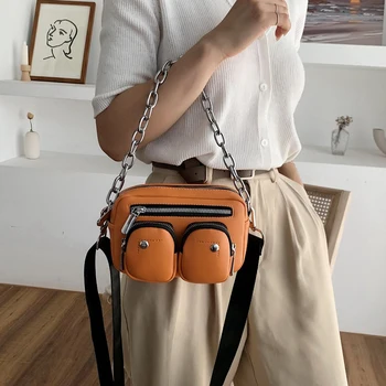 

2020 Women Big Chain Handbag PU Leather Shoulder Bags Solid Color Multi-pocket Purse Crossbody Bag Women's Tote Bag Handbag