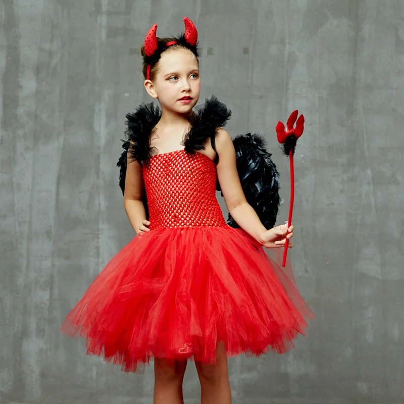 Girls Red Devil Halloween Tutu Dress with Hors Wings Pitchfork Crimson Demon Kids Fancy Dress Up Carnival Party Dress Costume (3)