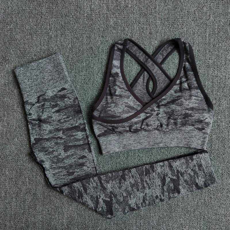 Black-Set Комплект из 2 предметов для йоги, женские бесшовные камуфляжные топы с длинными рукавами, леггинсы с высокой талией, спортивные камуфляжные костюмы для фитнеса, спортзала, облегающие для тренировок штаны - Цвет: Black-Set