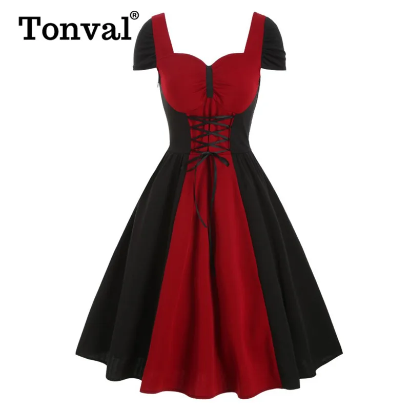 Tonval, двухцветное, с рюшами, милое, на шее, на шнуровке, готическое, элегантное, для вечеринки, женское, с коротким рукавом, рокабилли, винтажное, миди платье