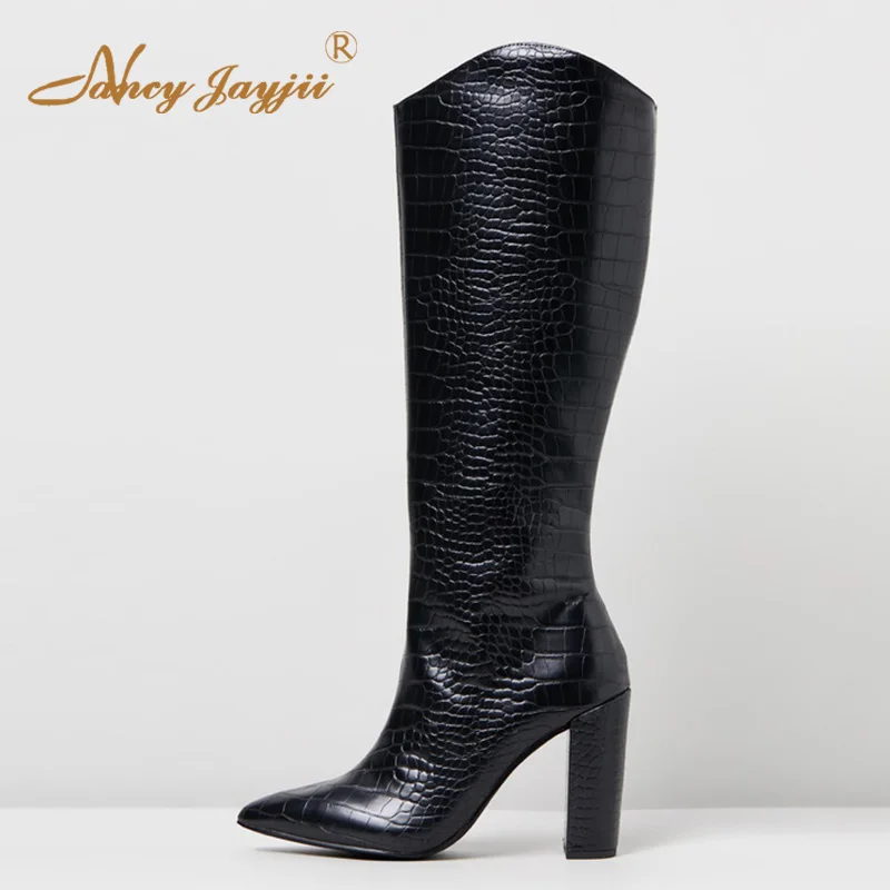 

Black Gray Snake Print High Chunky Heels Mid Calf Boots Woman Pointed Toe Large Size 11 16 Ladies Winter Booties Shoes Warm 2019