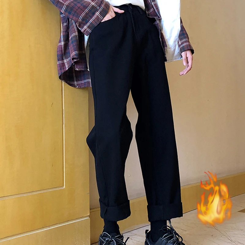 BGTEEVER, корейские шикарные прямые джинсы для женщин, с поясом, плотные вельветовые джинсы для женщин, с высокой талией, флисовые теплые джинсовые штаны для женщин - Цвет: black thick fleece