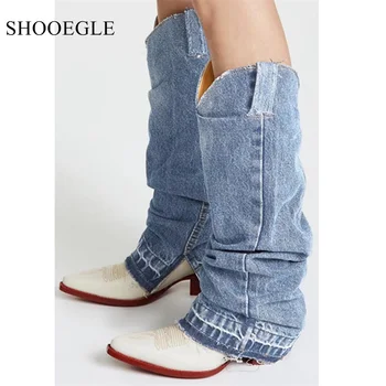 

New 2019 Western Cowboy Boots Women Kitten Heels Pointed Toe Vintage Knee High Boots Fashion Embroidery Denim Booties Shoes Ins