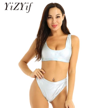 

2Pcs Sexy Lingerie Set Women Shiny Metallic Patent Leather Sleeveless Crop Top With High Cut Briefs Underwear Set Exotic Costume