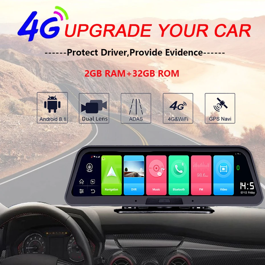 WHEXUNE 10 дюймов 4G Видеорегистраторы для автомобилей ADAS Android GPS навигации HD 1080P тире