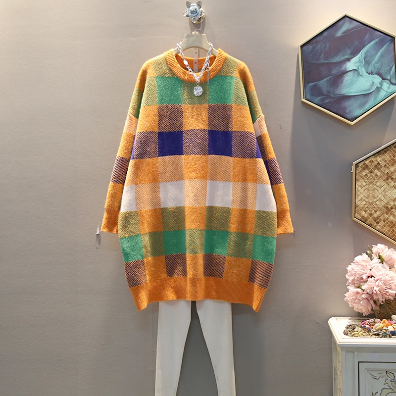 [EWQ] Autumn Winter New Pattern Round Collar Long Sleeve Plaid Knitting Pullovers Casual Sweater Women 19C-a70-15-0 - Цвет: orange
