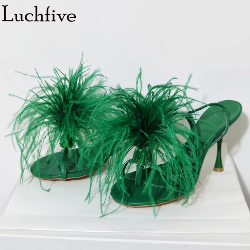 Feather High Heels Sandals Green Feather Sandal Green Feather Shoes