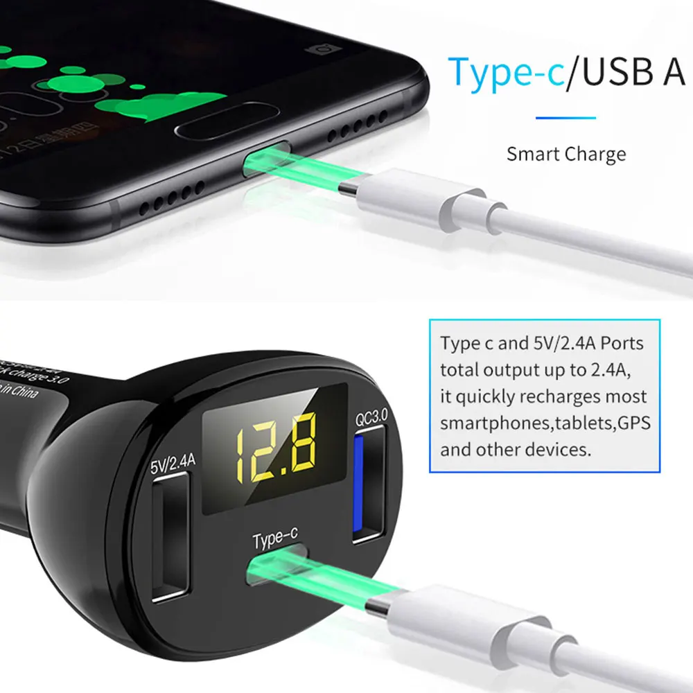 Удобство одно для трех зарядных устройств s QC3.0+ 2.4A двойной зарядное устройство usb Автомобильное устройство для быстрой зарядки эффективное зарядное устройство type-C для автомобиля