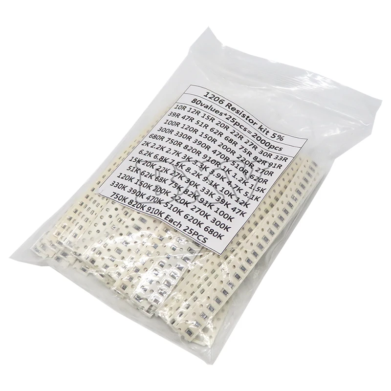 1206 SMD Resistor Kit Assorted Set 5% 80Values*25PCS 2000PCS 10Ohm-910K Ohm SMD Resistors 10K 470/100/680 Ohm Resistance Pack SMD Resistor SMD Chip Resistor