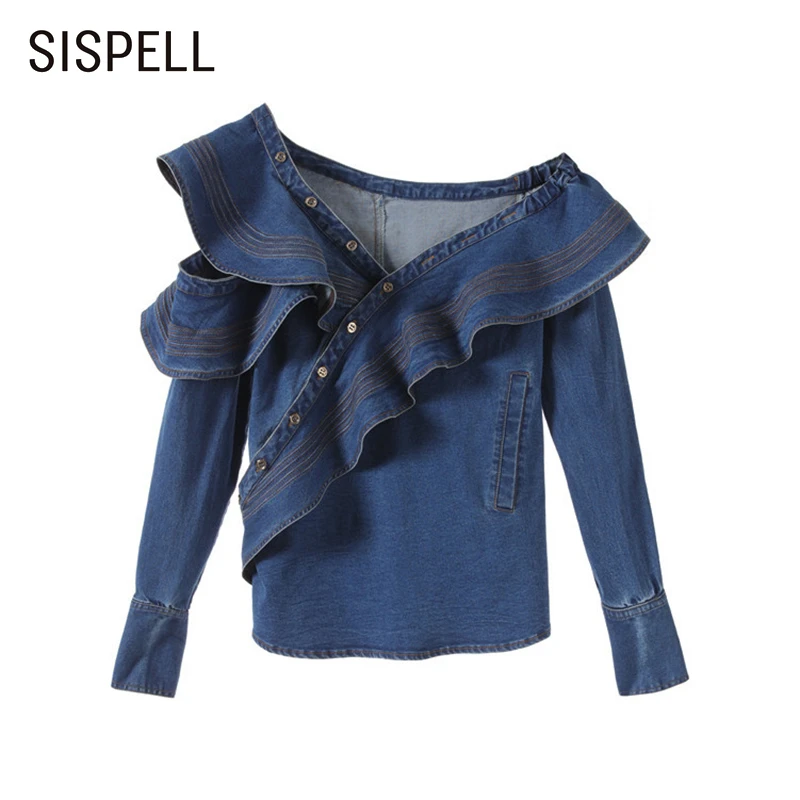 SISPELL/джинсовая рубашка с рюшами, топы, женские, с длинным рукавом, с длинным рукавом, с открытыми плечами, Сексуальная Блузка, женская модная одежда, Новинка осени