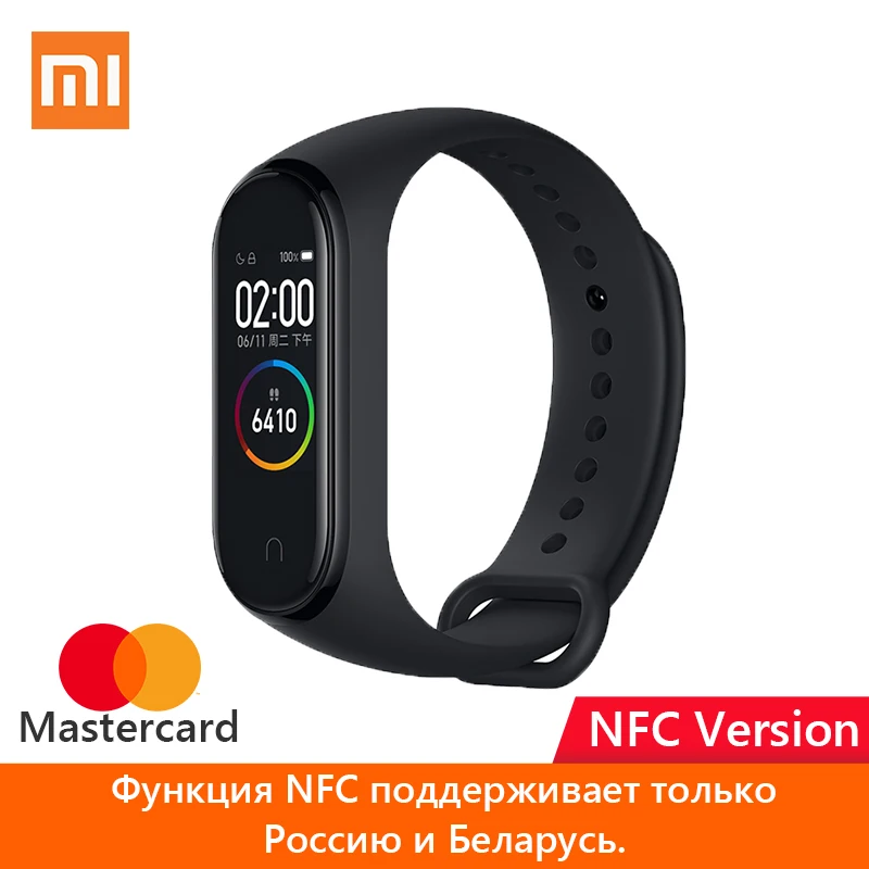 Оригинальный Смарт-браслет Xiaomi Mi Band 4, цветной сенсорный экран, стандарт Miband 4 и версия NFC с NFC, русская и MasterCard Pay