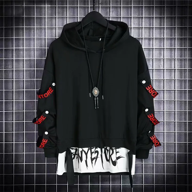 HOUZHOU Autumn Men's Hoodie Sweatshirt Casual Black Hoodies Tops Techwear Hip Hop Harajuku Patchwork Japanese Streetwear Men