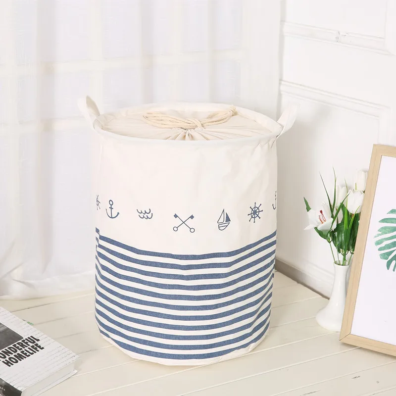 Zakka Home Laundry Debris Storage Mediterranean Boat Anchor-Cotton Linen Storage Bucket Drawstring Top Laundry Basket