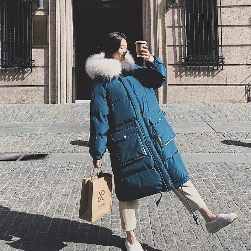 

Photo Shoot Mid-length Contrast Color Peacock Blue Big Fur Collar Cotton Coat 2019 New Style Harajuku Korean-style Loose-Fit dow