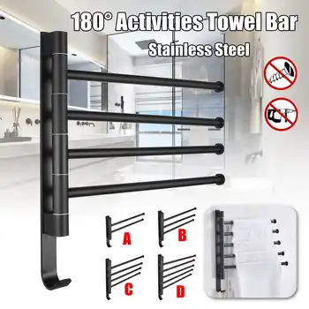 

2/3/4/5 Black Stainless Steel Punch Free Towel Bar Rotating Towel Rack Bathroom Kitchen Wall-mounted Towel Polished Rack Holder
