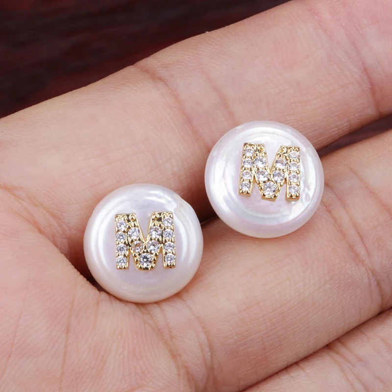 

cz tiny gold silver 26 initial alphabet letter name charms freshwater pearl bead charm customized button stud earrings for women