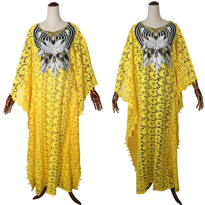 African Dresses for Women Sexy Water-soluble Lace beads embroidery Loose Dress Matching with Camisole Robe Africaine Plus Size