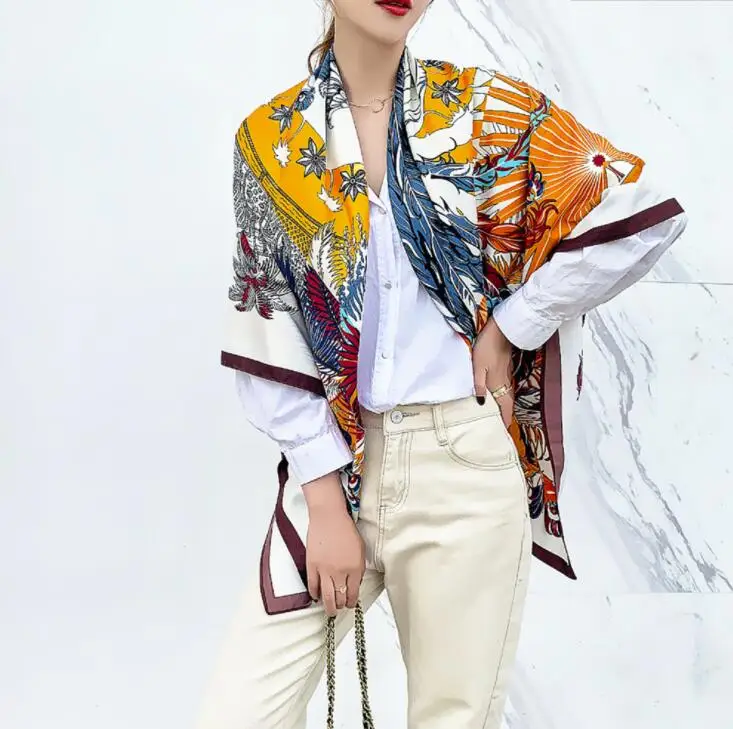 130cm New Phoenix Design Bandana Fashion Brand Scarf 100% Silk Square Scarf Shawl Women Kerchief Scarves For Ladies Hijab 5