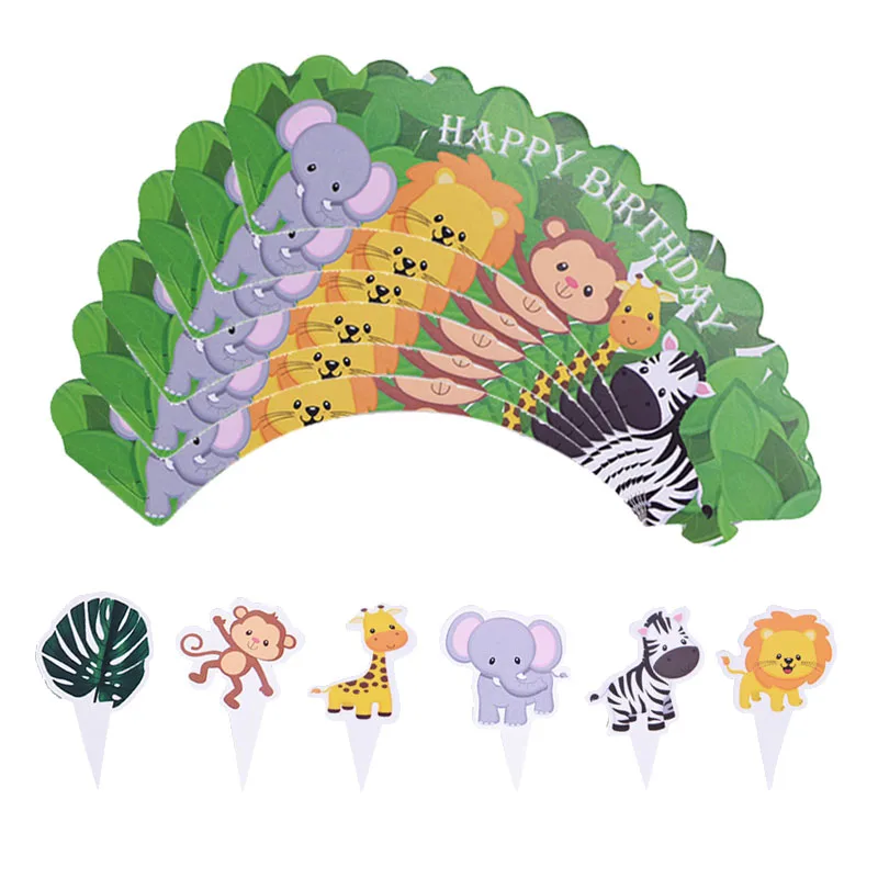 Animal Zebra Lion Giraffe Elephant Leaf Happy Birthday Cup Cake Wrappers Cup Cake Topper Kids Birthday Party Decoration Supplies
