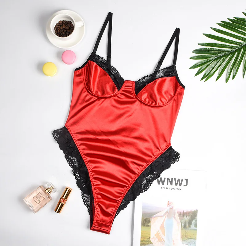 WY01Red Новинка, кружевное лоскутное сатиновое обтягивающее боди, сексуальный комбинезон с открытой спиной, Женские повседневные облегающие Клубные Вечерние боди - Цвет: WY01Red