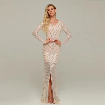 

Newest Women Autumn Winter Celebrity Party Dress 2019 Khaki Long Sleeve Sequin Split Long Maxi Sexy Fashion Runway Mesh Festa