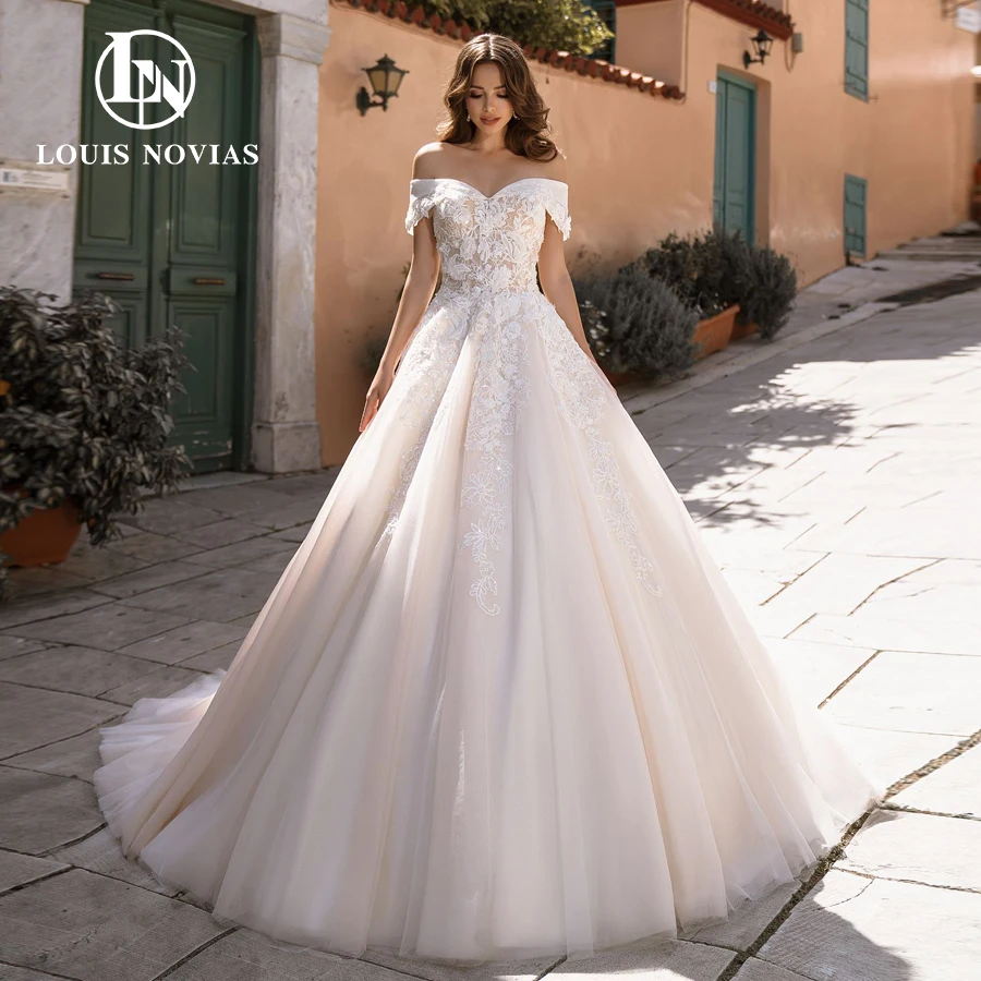 

LOUIS NOVIAS A-Line Wedding Dresses For Women 2024 Appliques Beaded Bridal Gown Sweetheart Button Off Shoulder Vestido De Novia